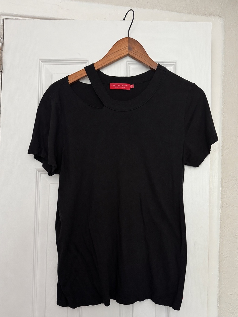 Philanthropy Black Short-Sleeve Crewneck Tee with Shoulder Cutout
